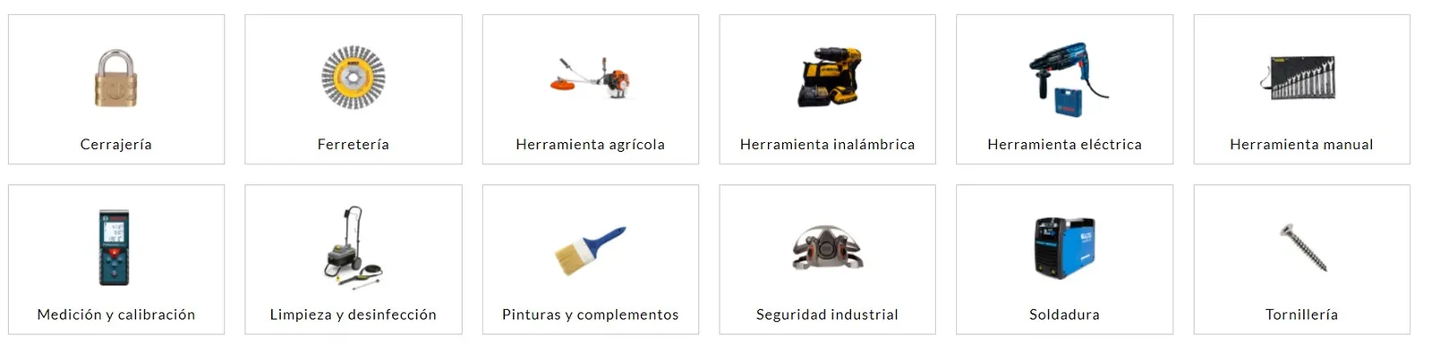 Categorías de ferretería: cerrajería, herramienta manual, eléctrica e inalámbrica, pinturas, seguridad industrial, soldadura y tornillería
